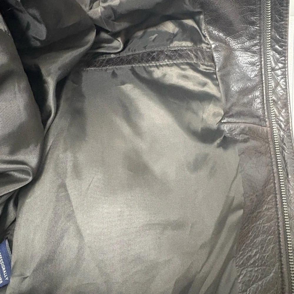 Vintage Structure Men's Brown Leather Bomber Jacket with Black Collar - Picture 7 of 8
